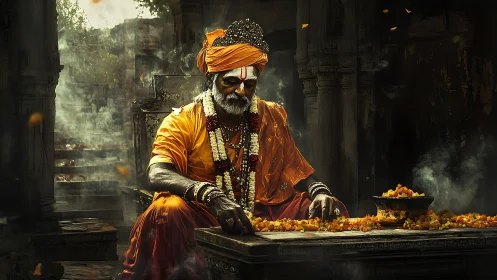 Orange-robed mystic arranges marigold constellations in smoke