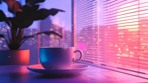 Soft neon sunrise glows around a cozy cup of morning coffee