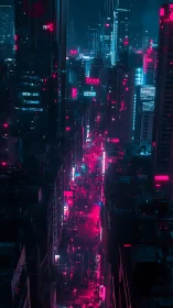 Neon soaked cyberpunk city street at night from above.