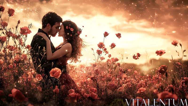 Romantic Couple Embracing in Glowing Rose Field at Sunset