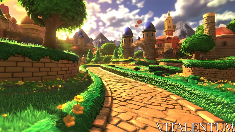 Sunlit fantasy village path with detailed 3D landscape.