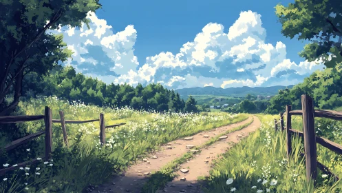 Rural dirt path under cumulonimbus sky, stylized daylight rendering.