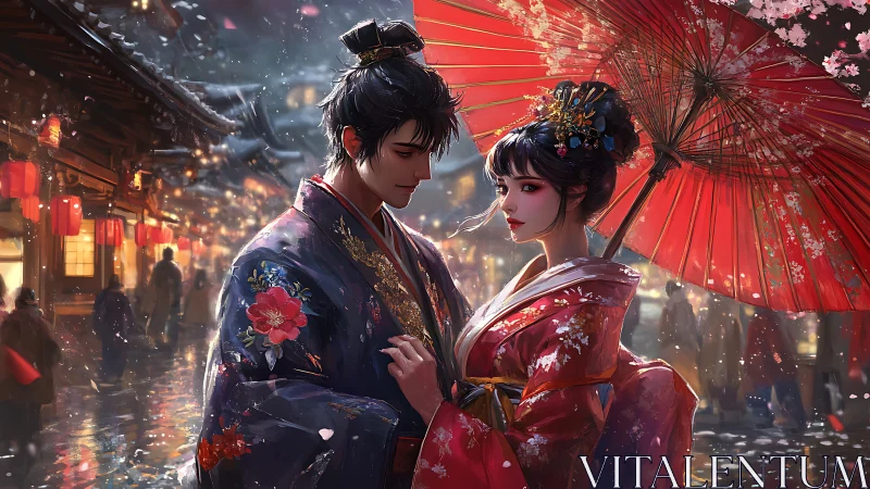 Romantic kimono couple under red parasol in lantern street.