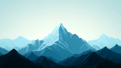 Layered blue mountain peaks against pale sky backdrop.