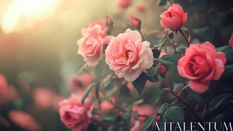 Golden Hour Garden: Pink Roses in Gentle Sunlight.