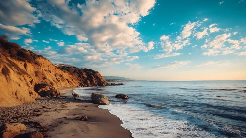 Golden cliffs and gentle waves along a peaceful shoreline.
