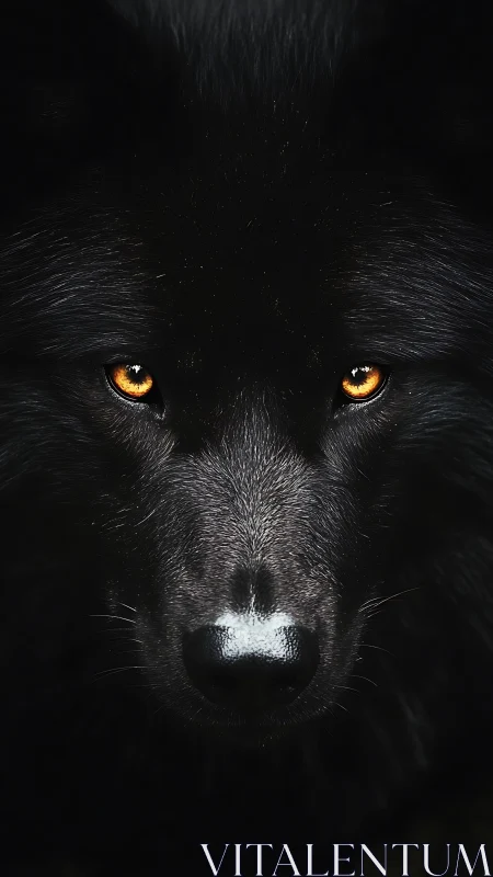 Midnight wolf gaze ignites molten amber in the dark.
