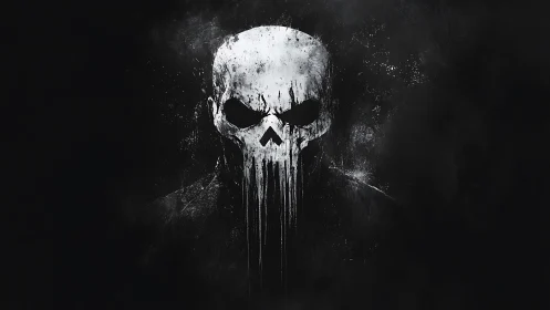 Grunge skull emblem drips through deep black void