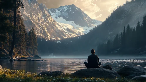 Person sits by mountain lake facing snow covered peaks