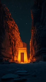 Ancient sandstone gate glows between canyon walls at night