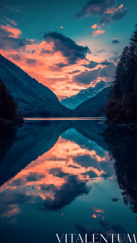 Twilight mountains mirror flaming clouds on glassy alpine lake.