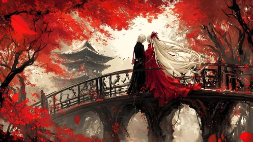 Crimson bridge embrace beneath blazing autumn canopy.