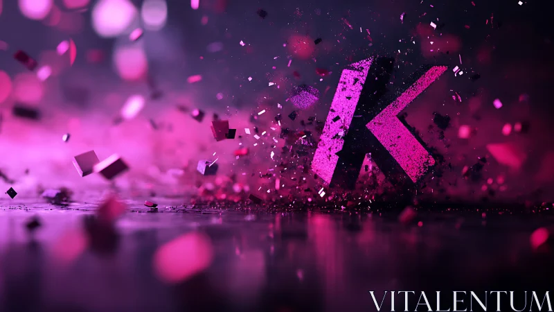 Glowing pink letter K bursting through sparkling confetti.