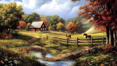 Rural farmhouse with horses beside stream in autumn light.