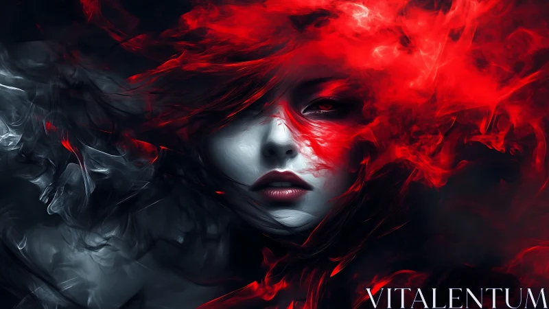 Surreal female portrait engulfed in red and black vapor fields