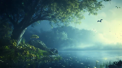 Gentle dawn over a quiet forest lake of drifting light.