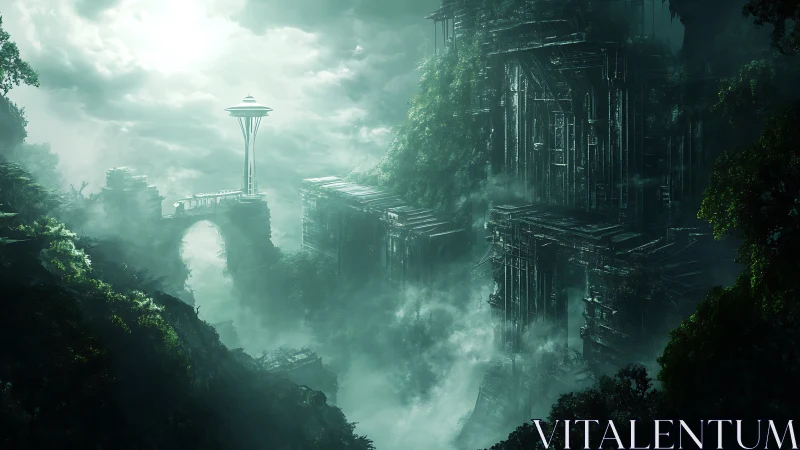 Misty emerald ruins welcome a lone futuristic tower