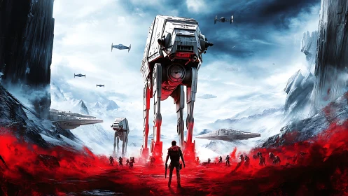 Colossal walkers stride boldly through a blazing red battlefield