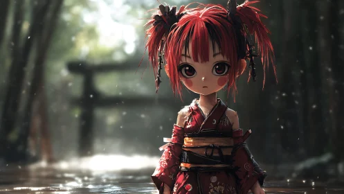 Rainlit chibi wanderer in crimson kimono stares back.