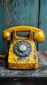 Sunny vintage rotary phone against weathered teal wall.