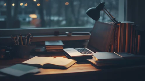 Cozy home workspace glows under lamplight at dusk