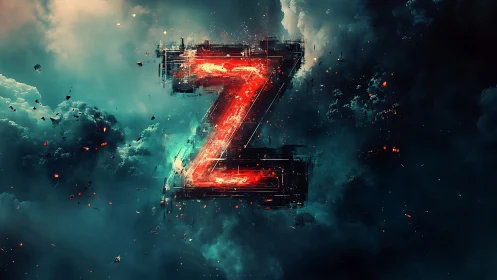 Fiery letter Z glows boldly within a stormy digital sky