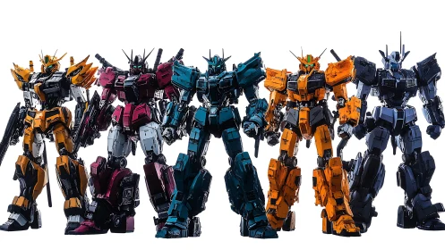 Detailed lineup of five colorful mecha model figures.