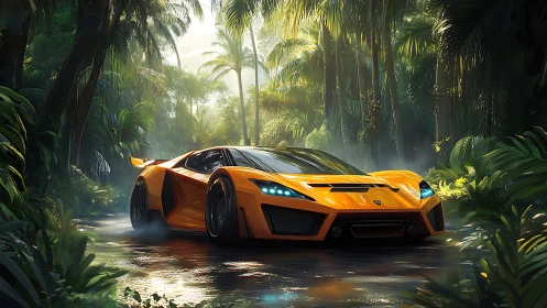 Orange supercar cuts through misty jungle stream at sunrise