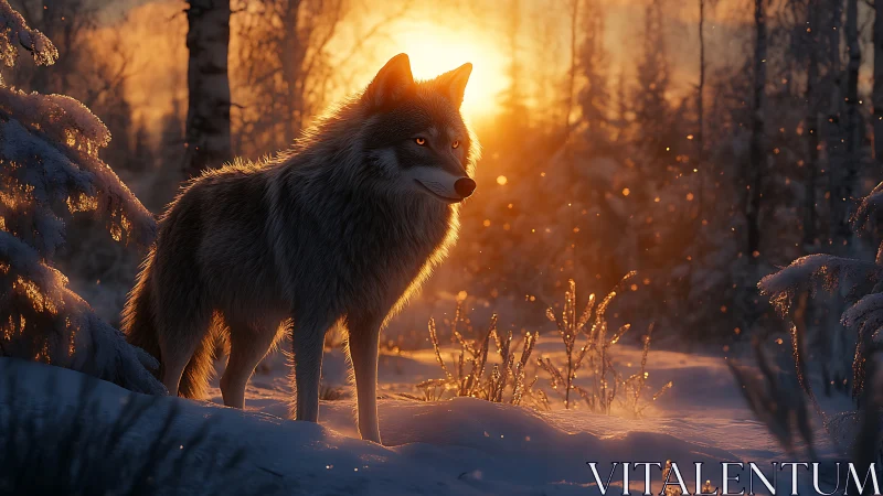 Winter wolf in ember-lit snowbound forest at sunrise.
