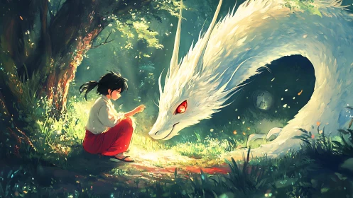 Child and luminous forest dragon in ethereal anime light.