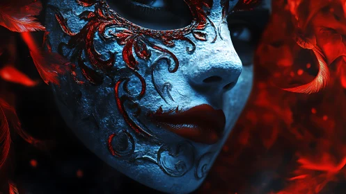 Masked face emerges in fiery red feathers and cool shadow.
