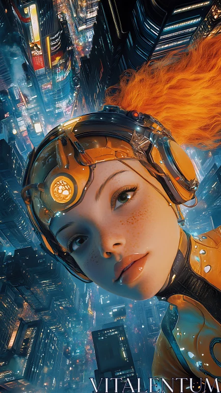 Cybernetic pilot with orange exosuit surveys neon megacity at night