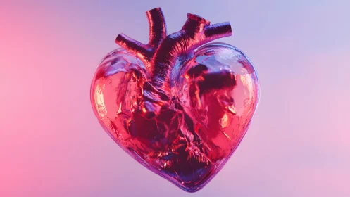 Glass human heart in vibrant pink and purple lighting, digital art.