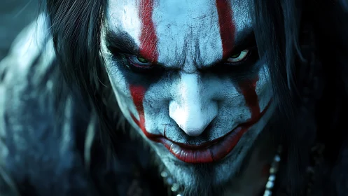 Sinister jester with warpaint grin in icy moonlit closeup.