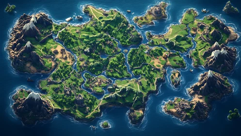 Fantasy Archipelago Map with Snow-Capped Mountains.