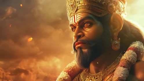 Ornate crowned deity portrait in golden sunset backlighting