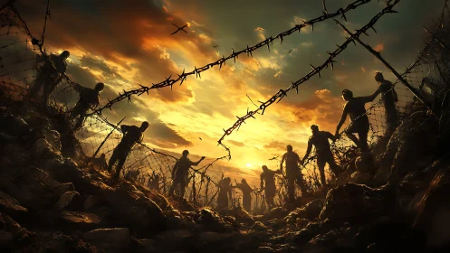 Silhouetted survivors struggle against barbed war fences.