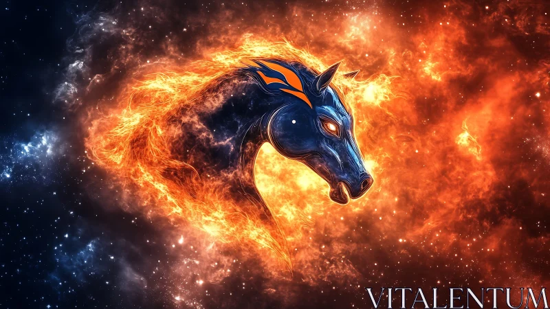 Fiery blue horse head emerging from bright cosmic nebula.