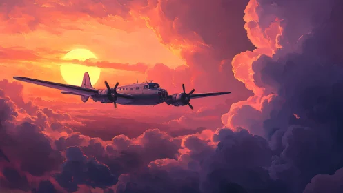 Propeller airliner crosses dense clouds at vivid sunset