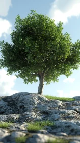 Lone green tree rises from sunlit rocky ground under sky.
