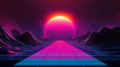 Neon retrofuturist grid highway toward radiant cosmic sunset