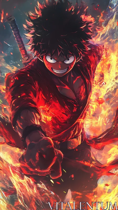 Fiery anime swordsman charging forward in blazing flames.