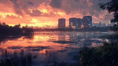 Urban skyline reflected on wetlands under dense sunset clouds