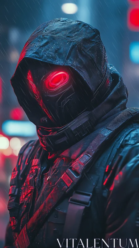 Neon-eyed cybernetic operative in rain-soaked urban corridor.