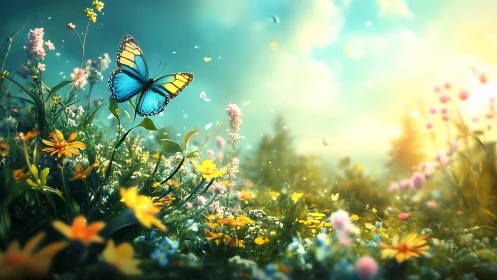 Radiant blue butterfly drifts above a glowing wildflower meadow