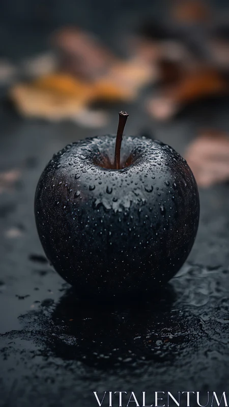 Macro closeup of black apple with raindrops on wet surface