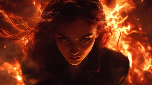 Intense female portrait framed by dynamic, backlit surrounding flames