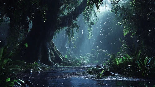 Illuminated Forest Gorge with Stream and Overhead Canopy