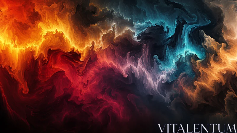 Vivid abstract nebula clouds in red, gold and cyan tones.