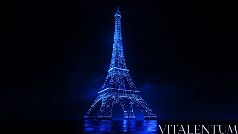 Neon wireframe Eiffel Tower in luminous cyber grid space.
